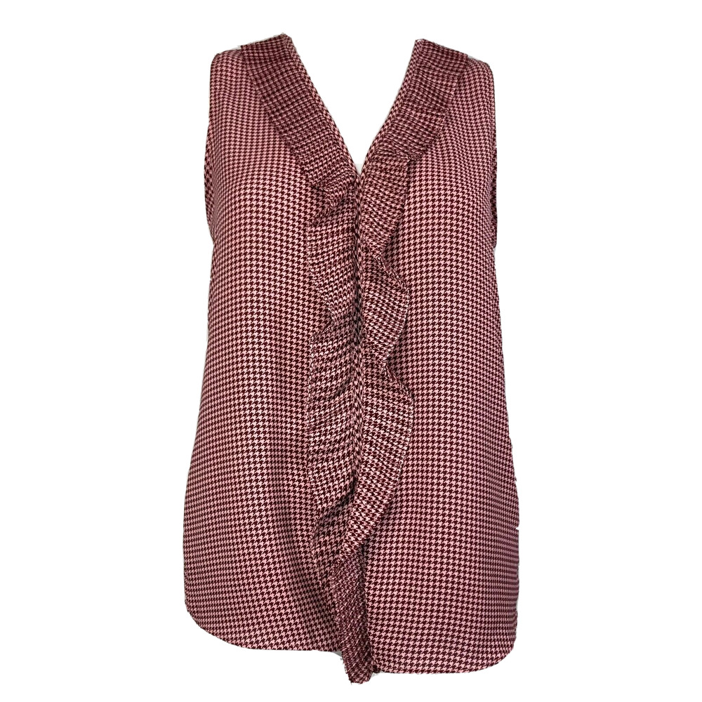 Banana Republic Shirt Womens Sz XS Maroon Pink Houndstooth V-Neck Ruffle Tank